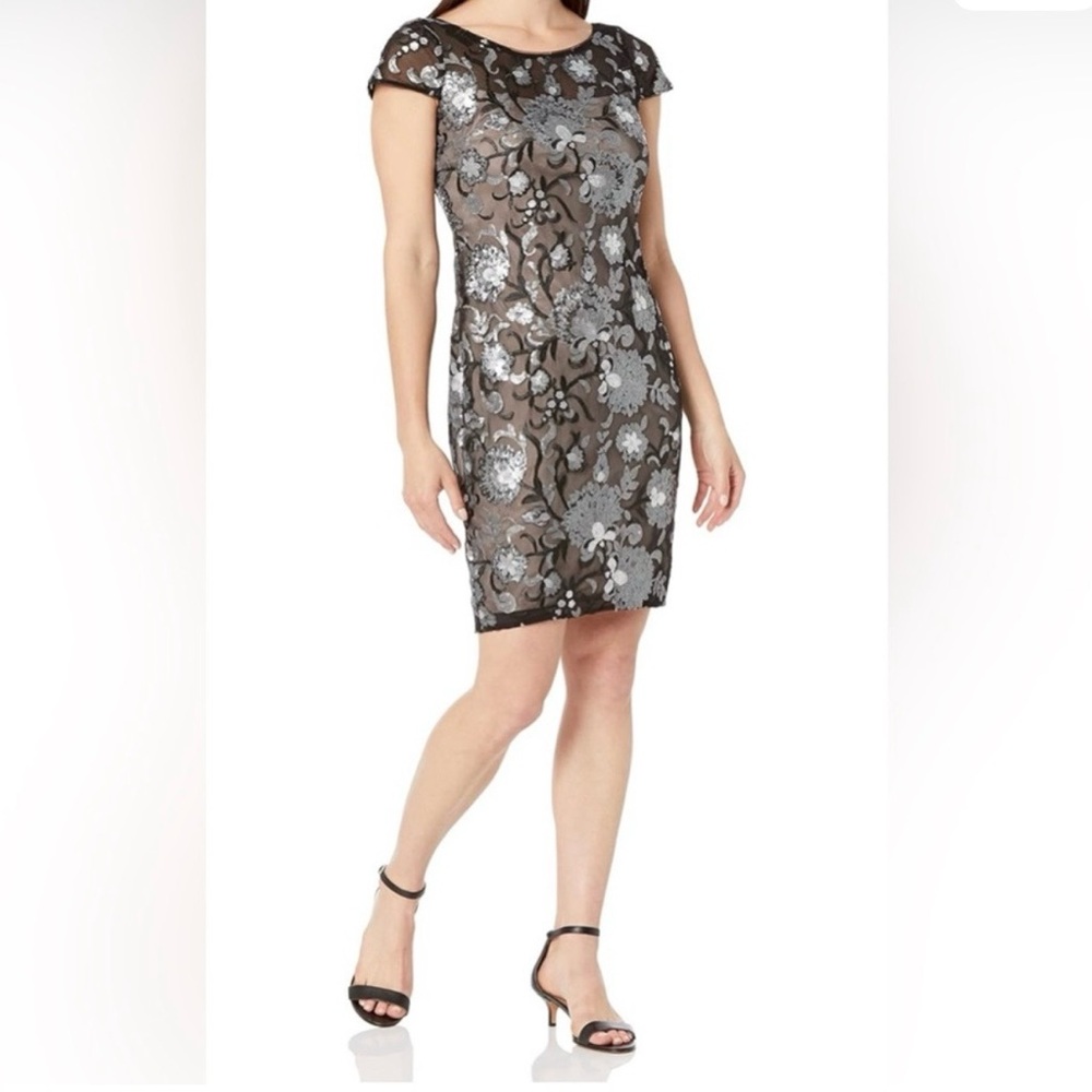 Calvin Klein Black and Silver Floral Midi Dress Size 16